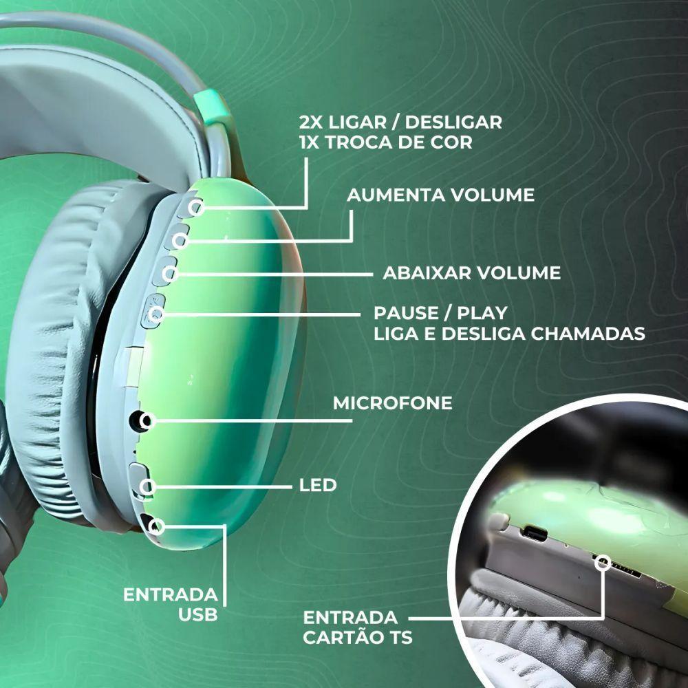 Fone De Ouvido Sem Fio Bluetooth V5.3 Com Led - Verde - 7