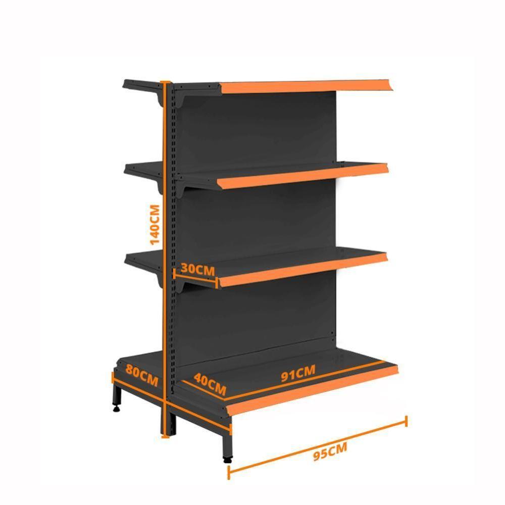 Gôndola Prateleira Preta Para Supermercado 4 Níveis 40x30 New Plus 1,40 Central Continuação Pe Laranja - Sa Gôndolas - 2