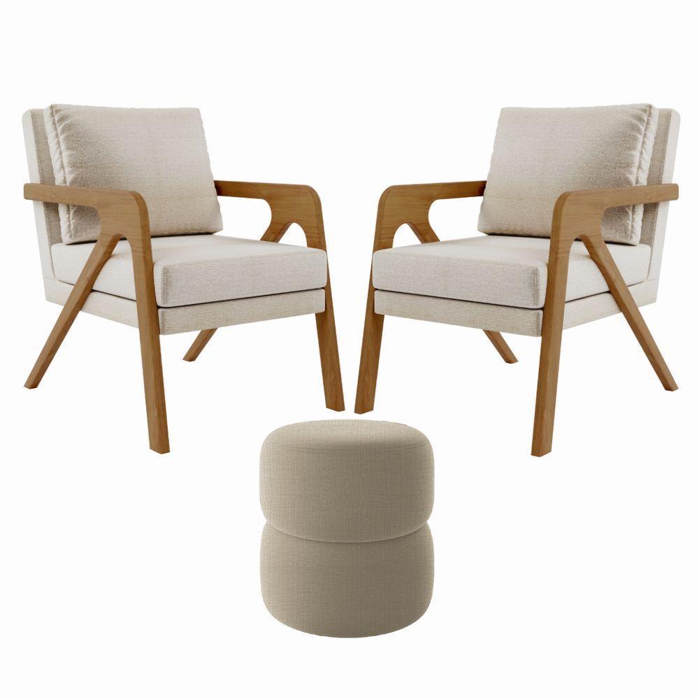 Kit 2 Poltrona Decorativa Puff Sala Moderno Escritório Lana Linho Bege - 1