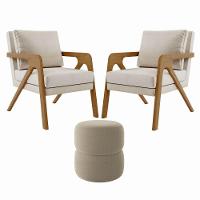 Kit 2 Poltrona Decorativa Puff Sala Moderno Escritório Lana Linho Bege - 1