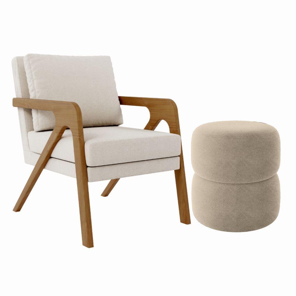 Kit Poltrona E Puff Decorativo Luxo Sala Escritório Lana Linho Bege - 6
