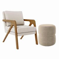 Kit Poltrona E Puff Decorativo Luxo Sala Escritório Lana Linho Bege - 6