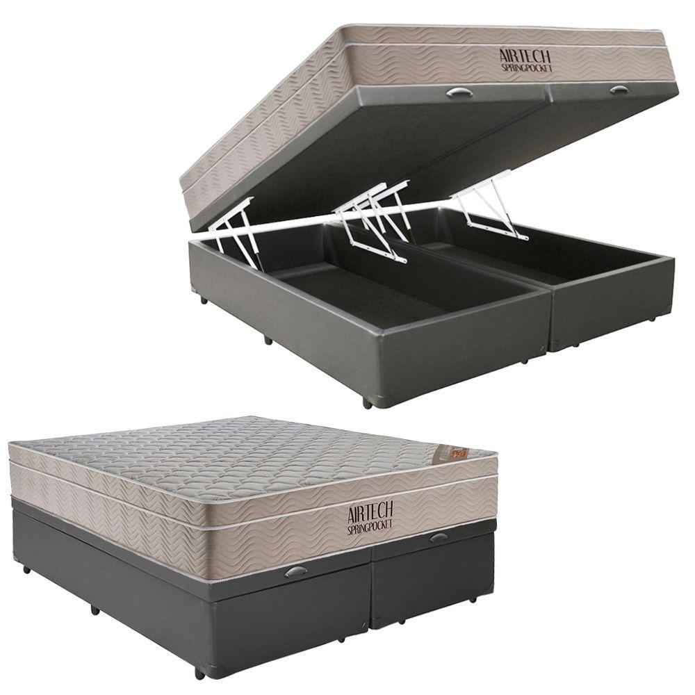 Cama Box Baú Casal Sintético Bipartido + Colchão Ortobom Airtech Molas Ensacadas 138x188x65 Cinza - 1