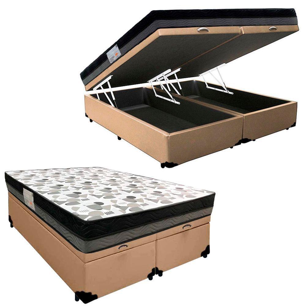 Cama Box Baú Casal Sintético Bipartido + Colchão Ortobom Iso Dupla Face 138x188x60 Bege - 1
