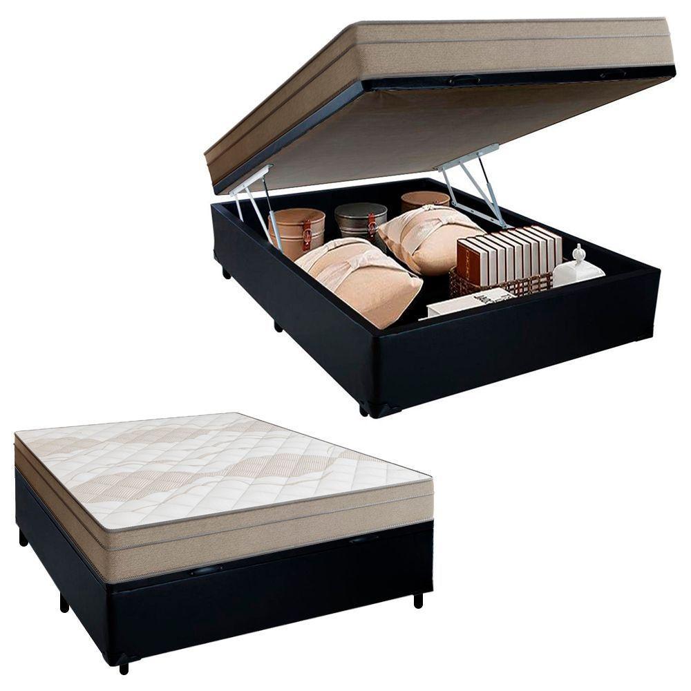 Cama Box Baú Casal Sintético + Colchão De Molas Ensacadas Portobel Ipanema 138x188x66cm Preto - 1