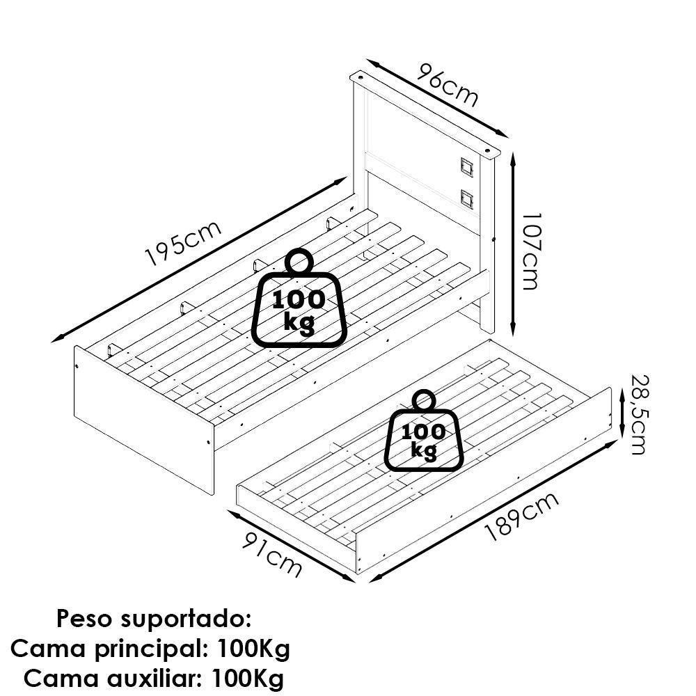 Cama Solteiro Com Auxiliar Barcelona Henn Branco Preto - 3