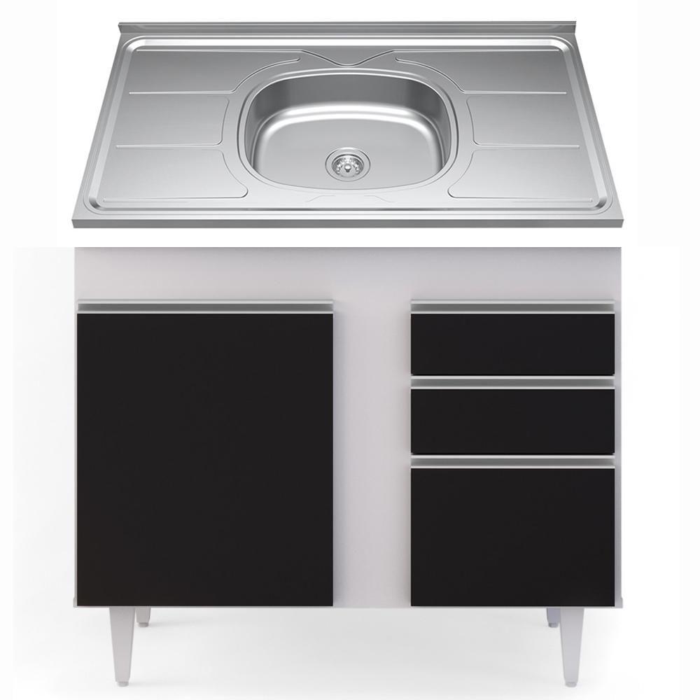 Balcão Gabinete Com Pia Inox 100cm 2 Portas 2 Gavetas Luziania Branco-preto - Lumil - 1