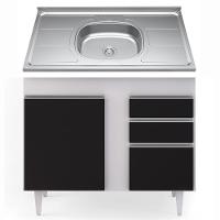 Balcão Gabinete Com Pia Inox 100cm 2 Portas 2 Gavetas Luziania Branco-preto - Lumil - 1
