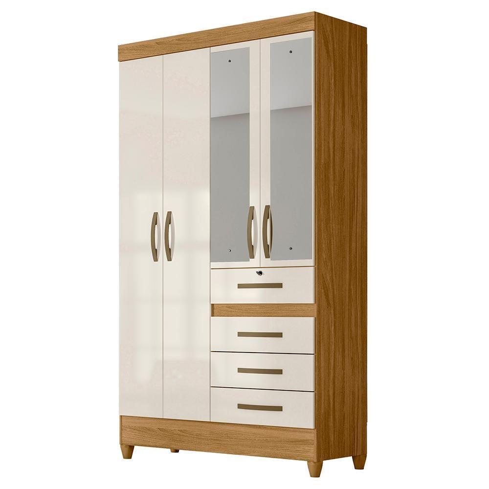 Guarda Roupa Solteiro Com Espelho 4 Portas 4 Gavetas Cabral M07 Freijó-off White - Mpozenato - 1