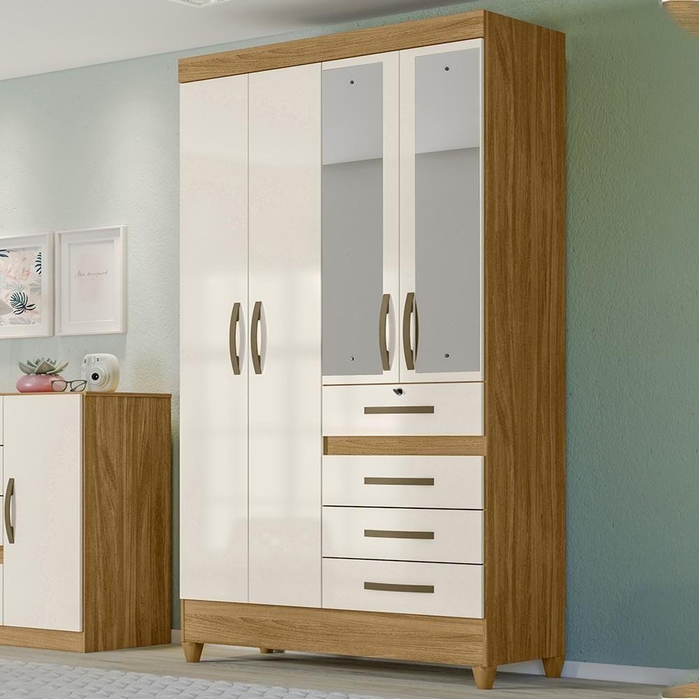 Guarda Roupa Solteiro Com Espelho 4 Portas 4 Gavetas Cabral M07 Freijó-off White - Mpozenato - 2