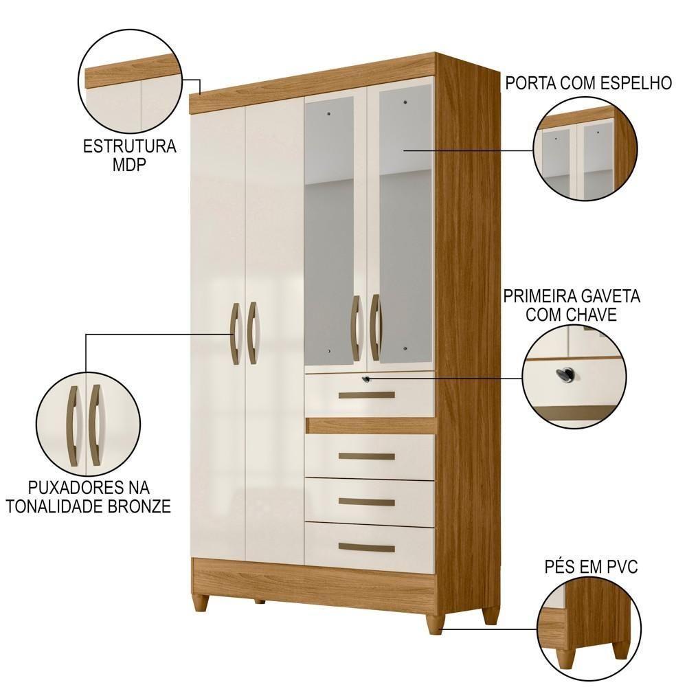 Guarda Roupa Solteiro Com Espelho 4 Portas 4 Gavetas Cabral M07 Freijó-off White - Mpozenato - 3