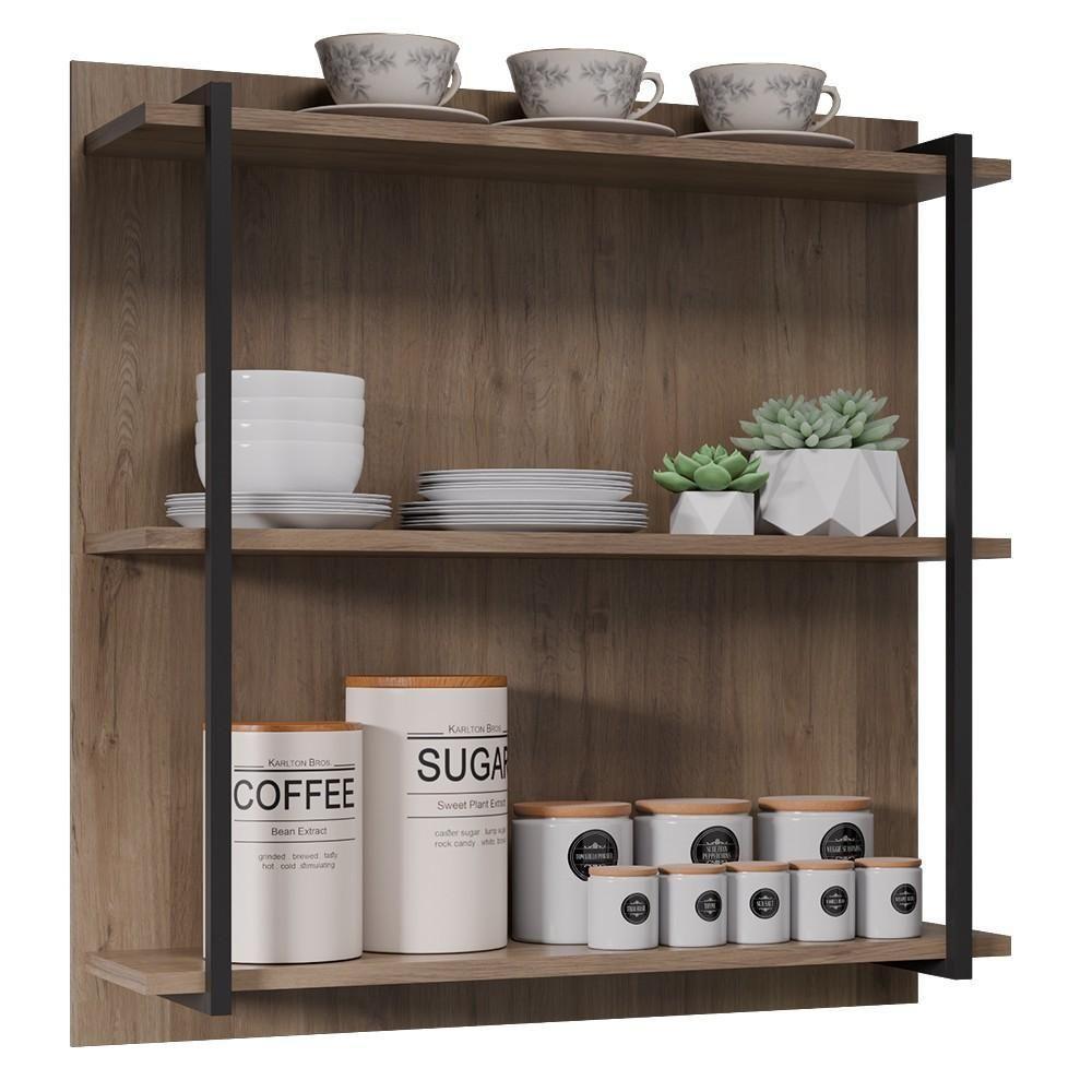 Prateleira Industrial Cozinha Tripla Com Painel Flora M24 Freijó - Mpozenato - 1