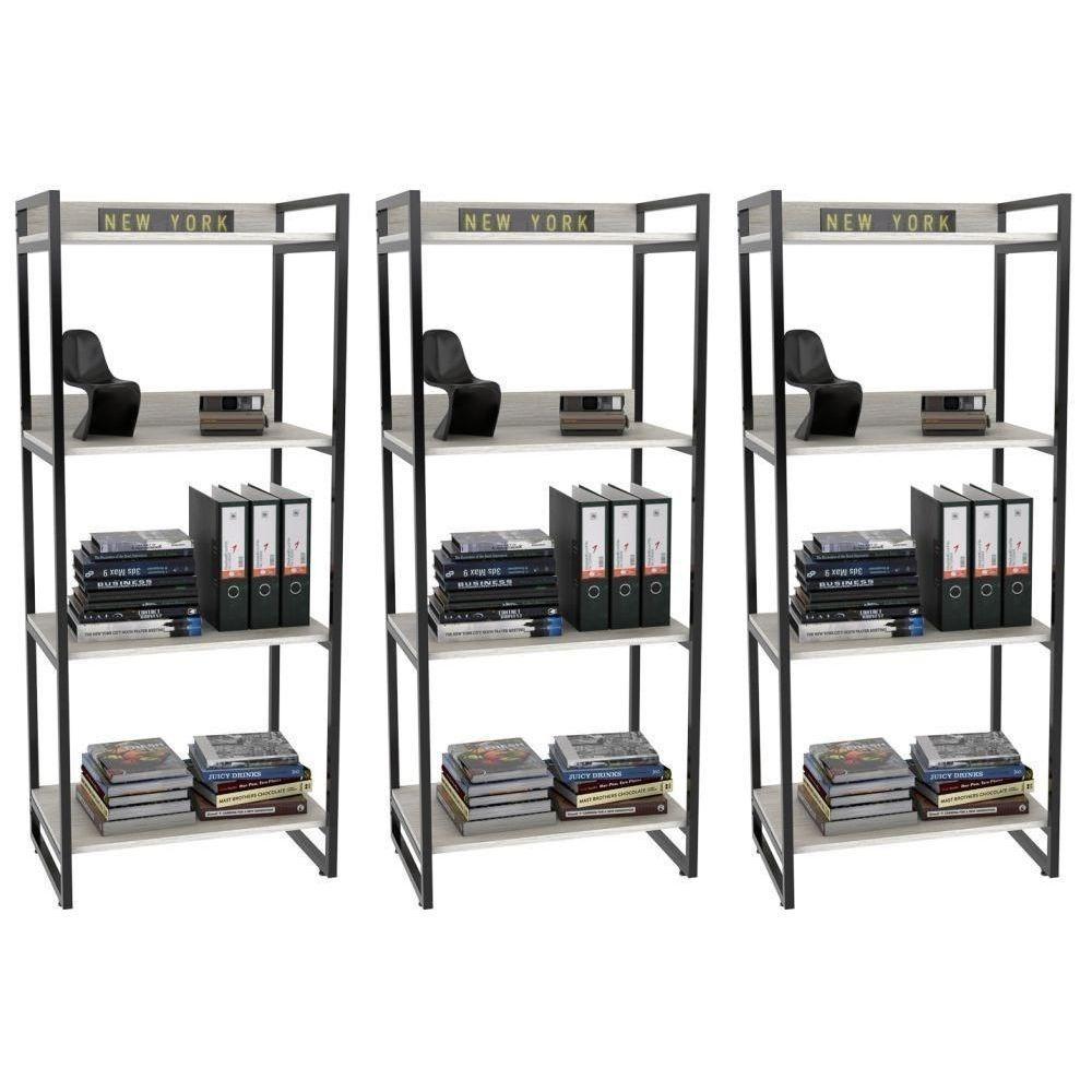 Kit 3 Estante Livreiro Prisma Estilo Industrial 60cm 4 Prateleiras C08 Snow - Mpozenato - 1
