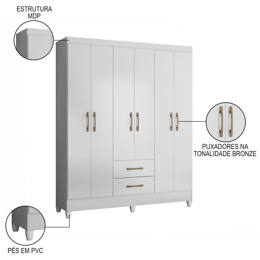 Guarda Roupa Casal 6 Portas 2 Gavetas 153cm Paraná M07 Branco - Mpozenato - 3