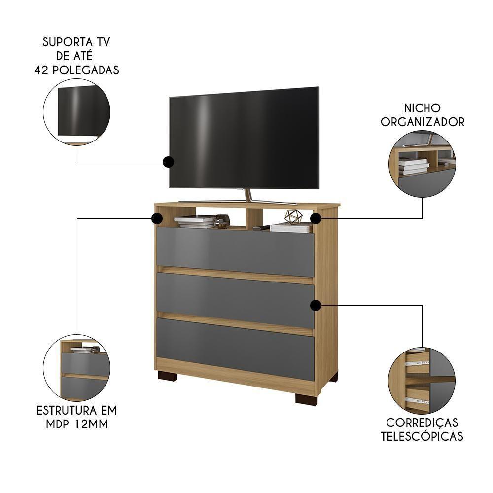 Cômoda Para Quarto 3 Gavetas 90cm Califórnia Carvalho-grafite - Incorplac - 3