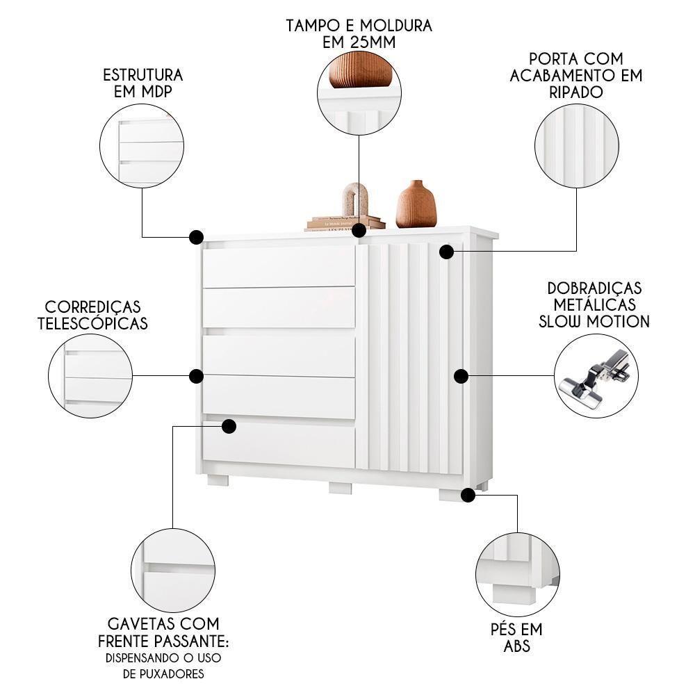 Cômoda Sapateira 1 Porta 5 Gavetas 125cm Duetto Branco - Albatroz - 3