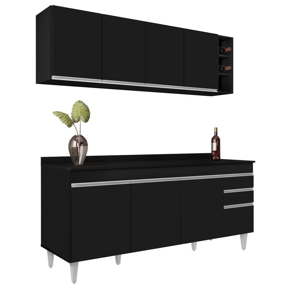 Armário Nevada E Balcão 180cm Com Tampo Dallas Preto - Lumil - 1