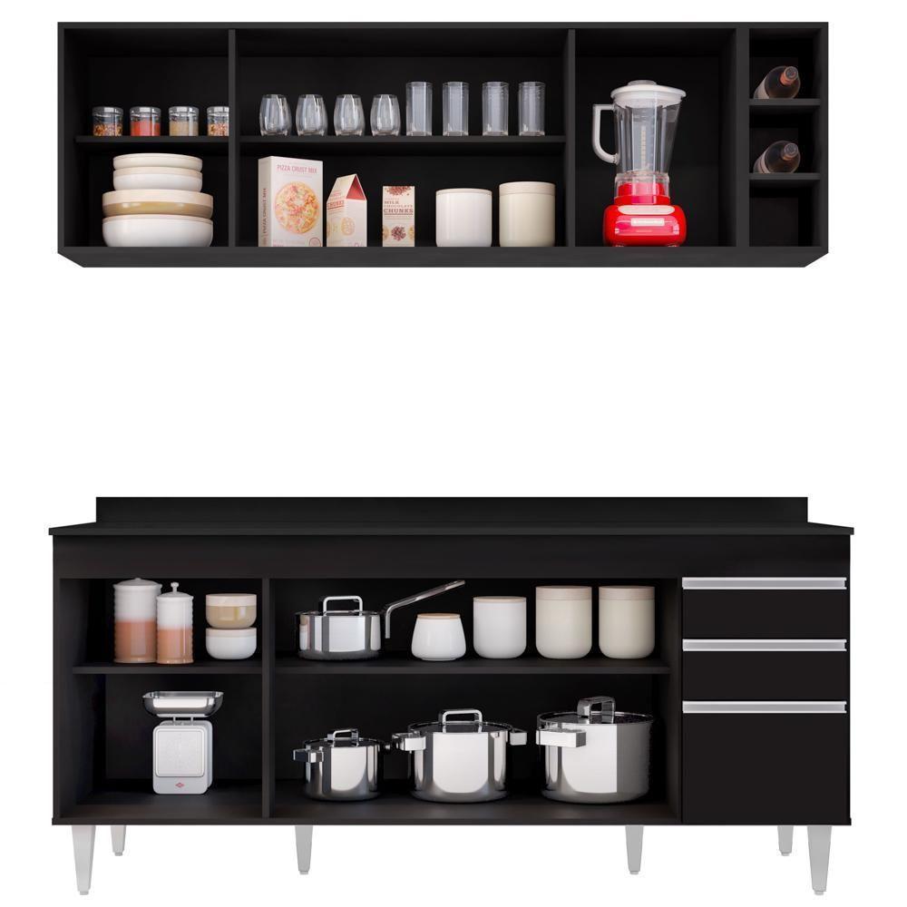 Armário Nevada E Balcão 180cm Com Tampo Dallas Preto - Lumil - 3