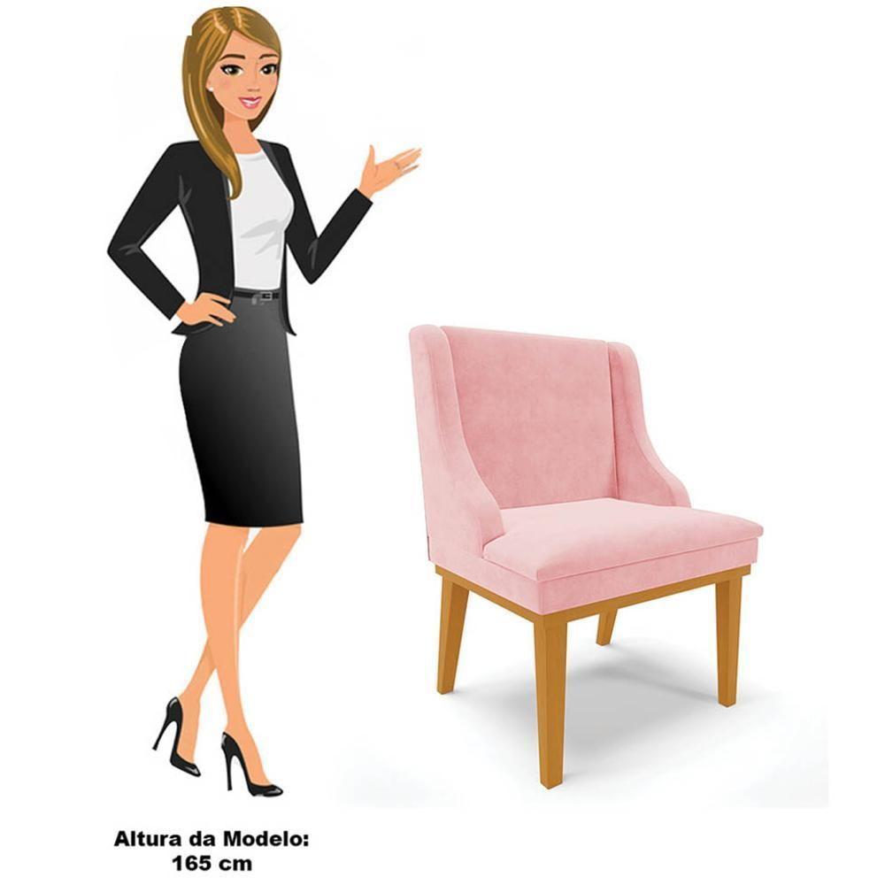 Cadeira Estofada Para Sala De Jantar Base Fixa De Madeira Castanho Lia Suede Rosa Bebê - Ibiza - 5