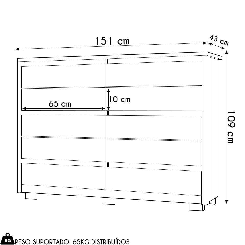 Cômoda Para Quarto 10 Gavetas 151cm Duetto Branco - Albatroz - 4