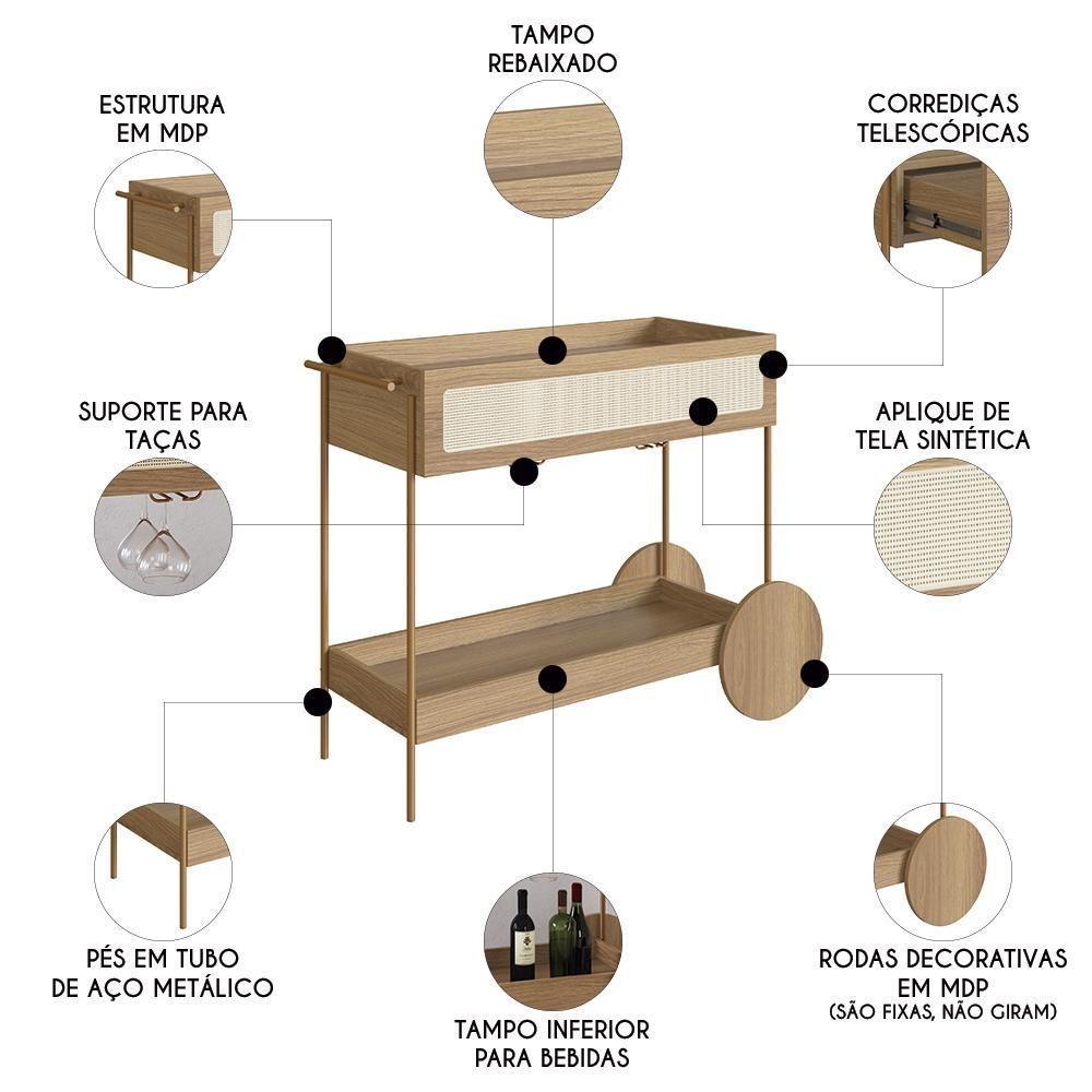 Carrinho Bar 1 Gaveta Porta Taças Pé Metal Arlo A10 Hanover-dourado - Mpozenato - 3