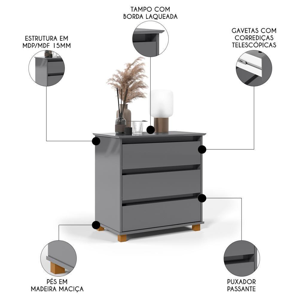 Cômoda Para Quarto 3 Gavetas 68cm Ej Cinza - Ej Móveis - 3