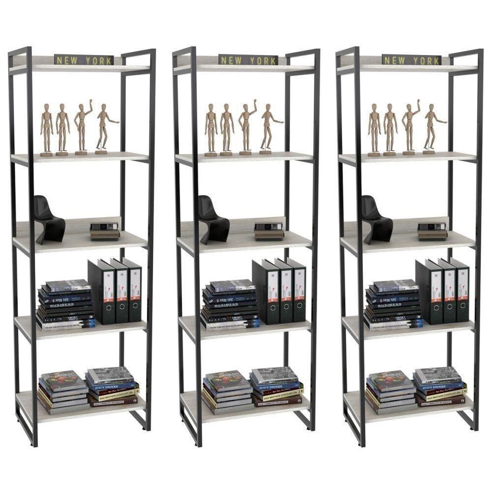 Kit 3 Estantes Livreiro Prisma Estilo Industrial 60cm 5 Prateleiras C08 Snow - Mpozenato - 1