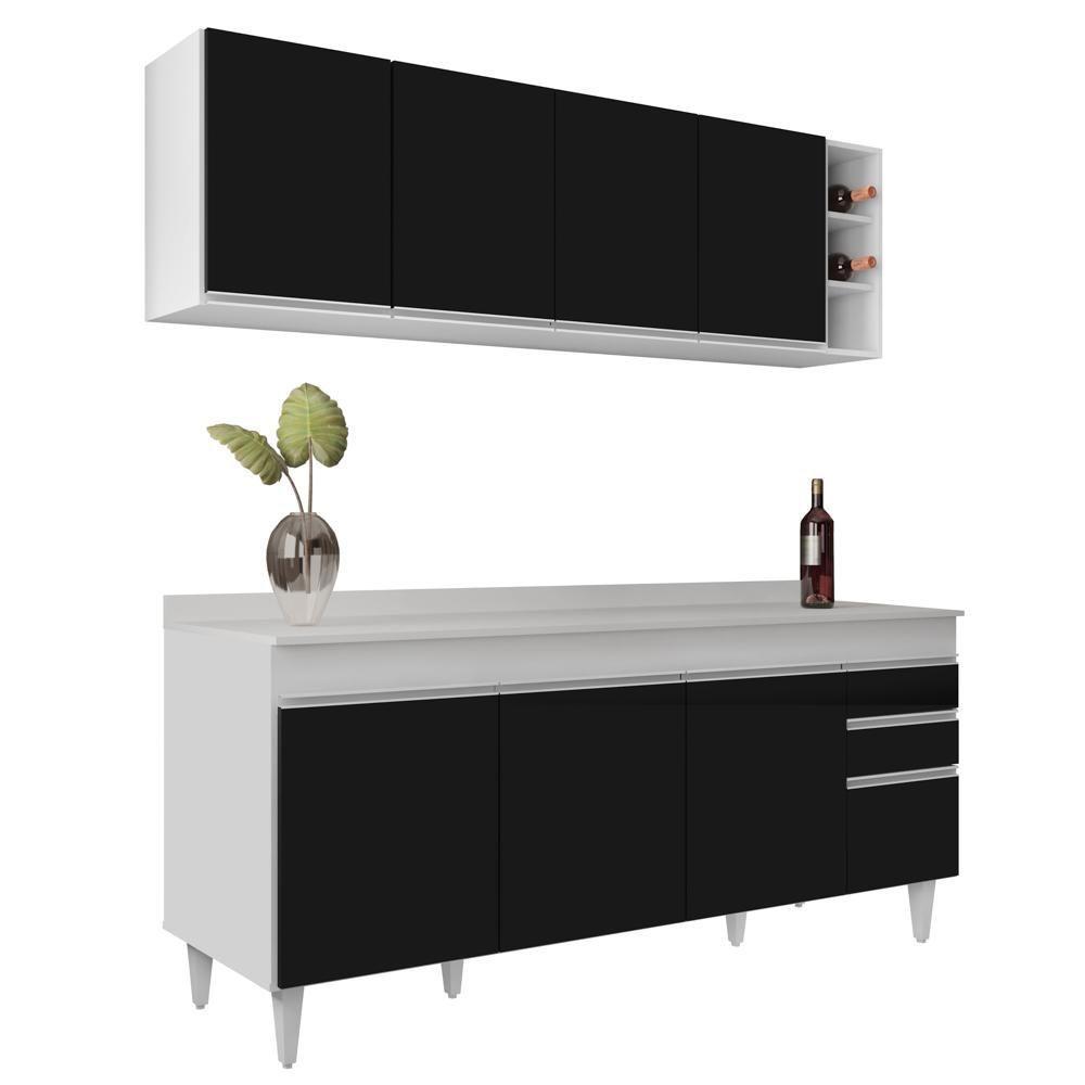 Armário Nevada E Balcão 180cm Com Tampo Dallas Branco-preto - Lumil - 1