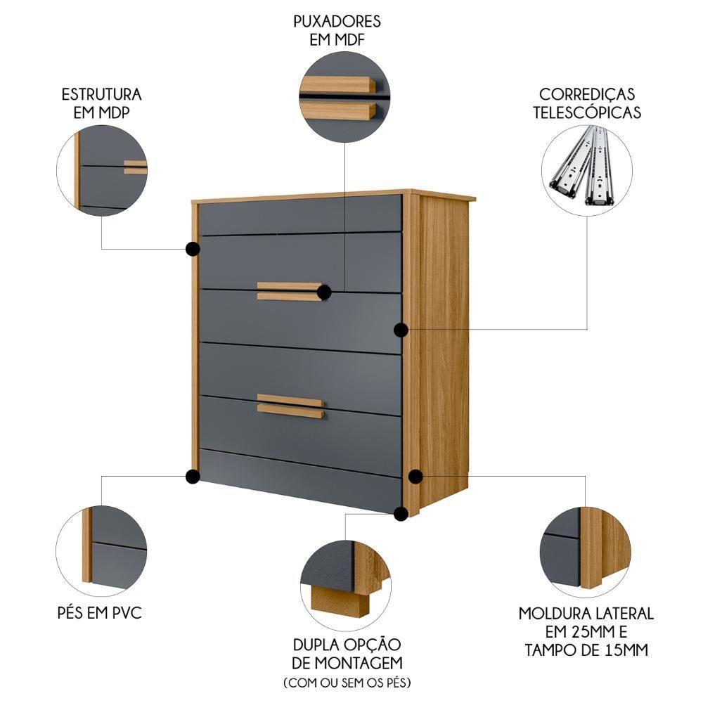 Cômoda Para Quarto 4 Gavetas 86cm Pavia M07 Freijó-cinza - Mpozenato - 5