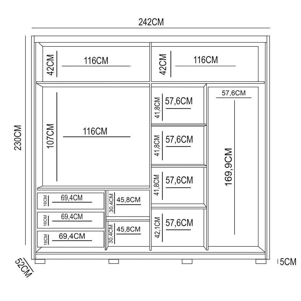 Guarda Roupa Casal 2 Portas De Correr E Espelho 242cm Lara M07 Freijó-off White - Mpozenato - 4