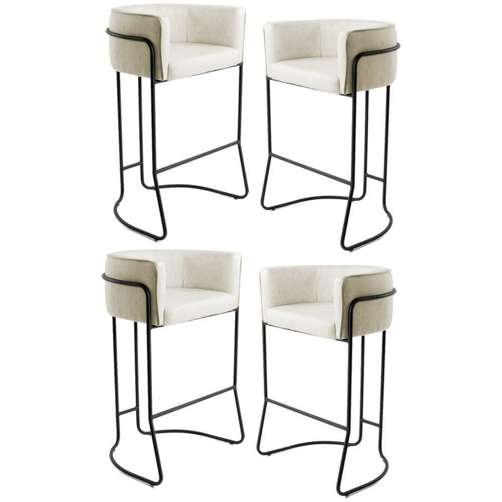Kit 4 Banquetas Decorativas Base Aço Preto Betina C-107 Linho Bege Cru - Domi - 1