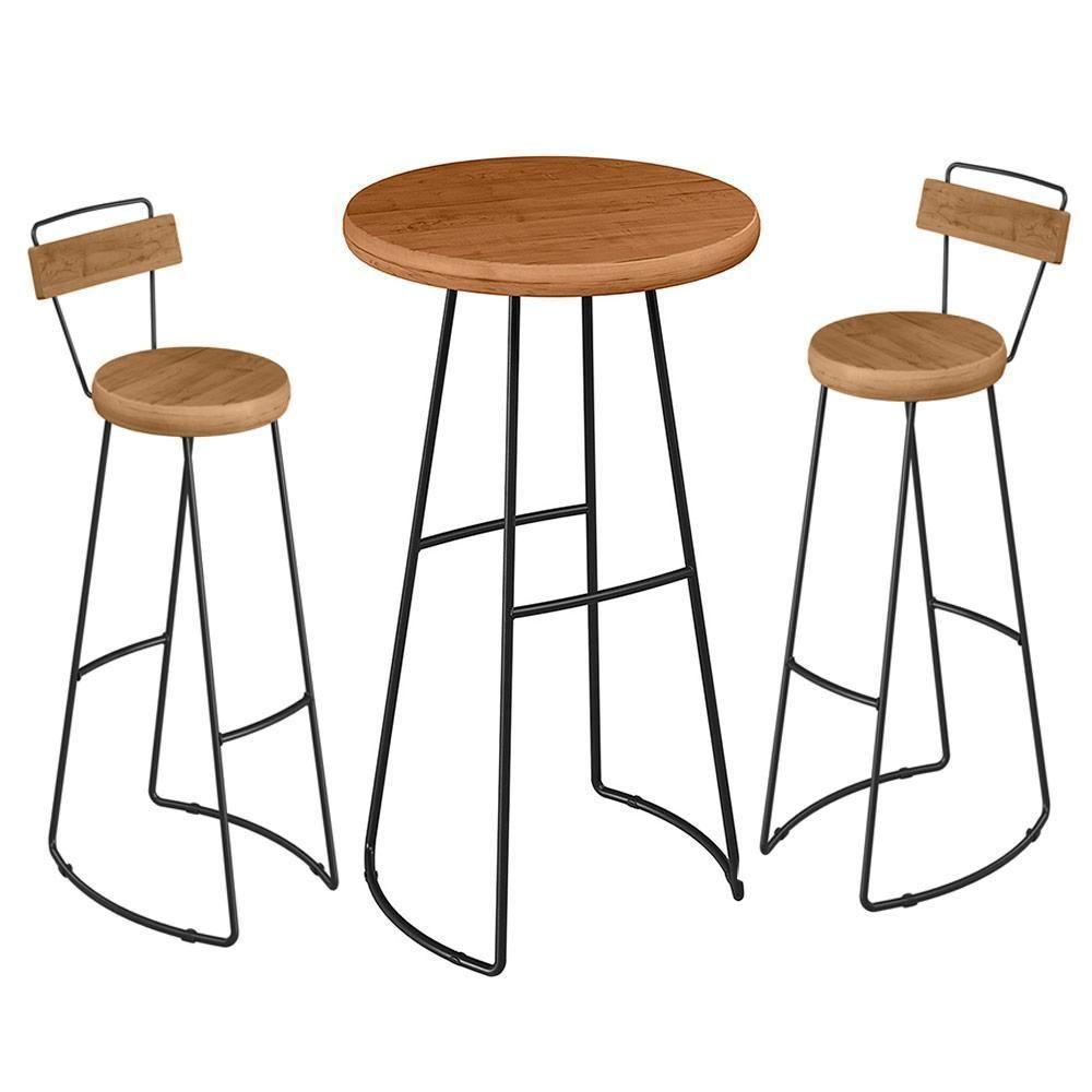 Conjunto Mesa Bistrô Alta E 2 Banquetas Com Encosto Estilo Industrial Aura D09 Peroba - Mpozenato - 1