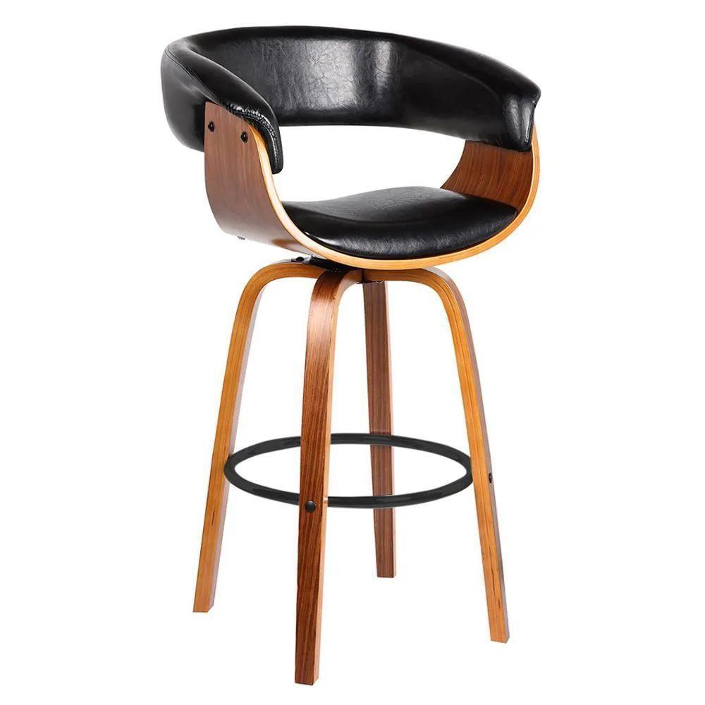 Banqueta Giratória Alta Com Encosto Base Madeira Ravi R02 Sintético Preto - Mpozenato - 1