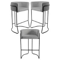 Kit 3 Banquetas Decorativas Base Aço Preto Betina C-416 Linho Cinza Claro - Domi - 1