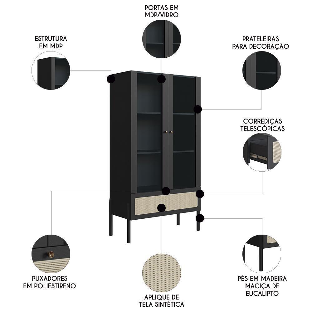 Cristaleira 2 Portas De Vidro Pés Madeira Arlo A10 Nero-preto - Mpozenato - 3