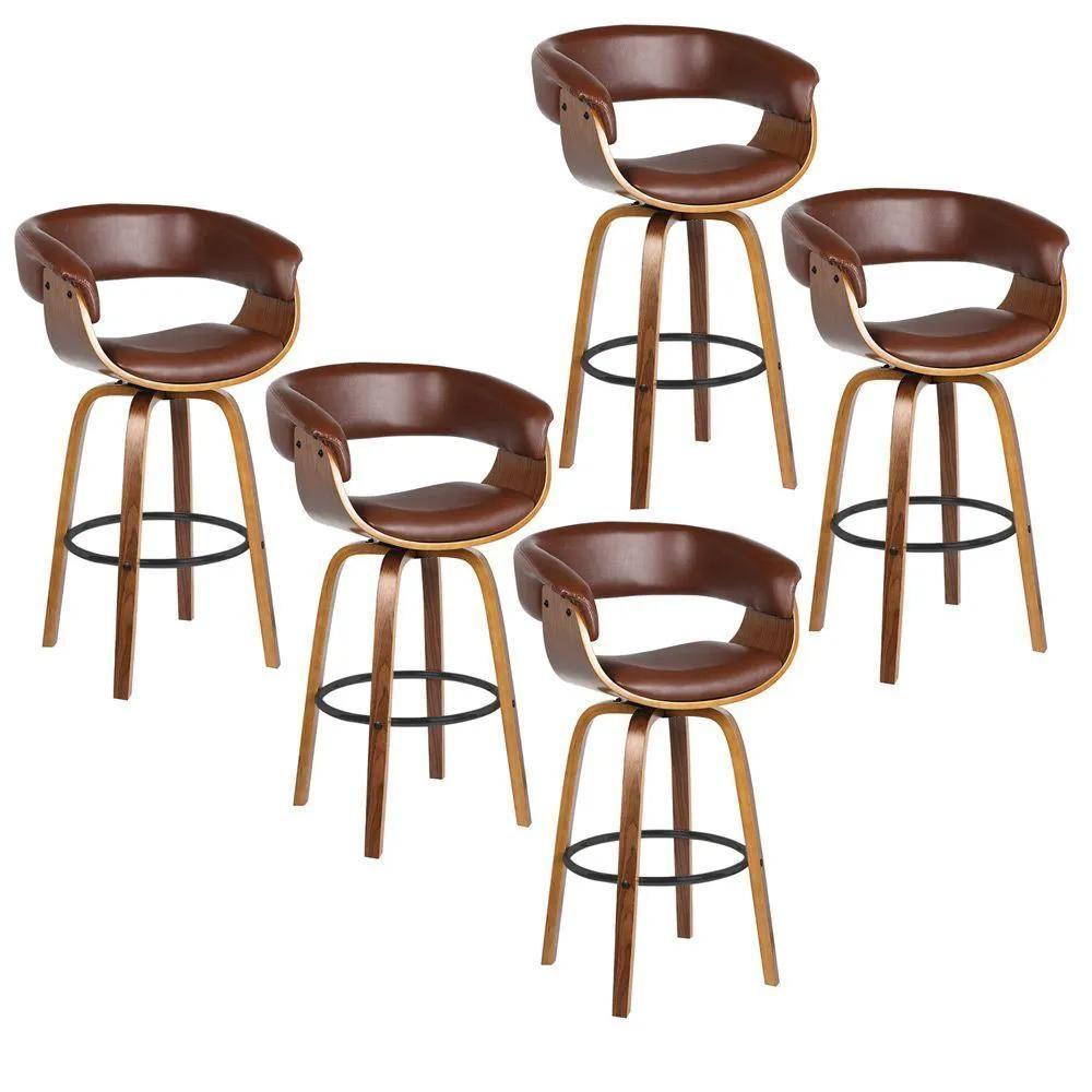 Kit 5 Banquetas Giratória Alta Com Encosto Base Madeira Ravi R02 Sintético Marrom - Mpozenato - 1