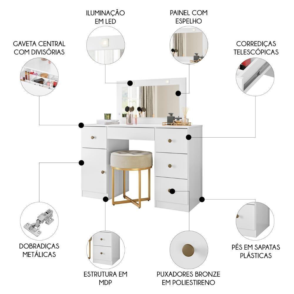 Penteadeira Camarim Com Espelho 5 Gavetas Nancy M07 Branco - Mpozenato - 3