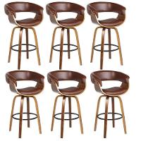Kit 6 Banquetas Giratória Alta Com Encosto Base Madeira Ravi R02 Sintético Marrom - Mpozenato - 1