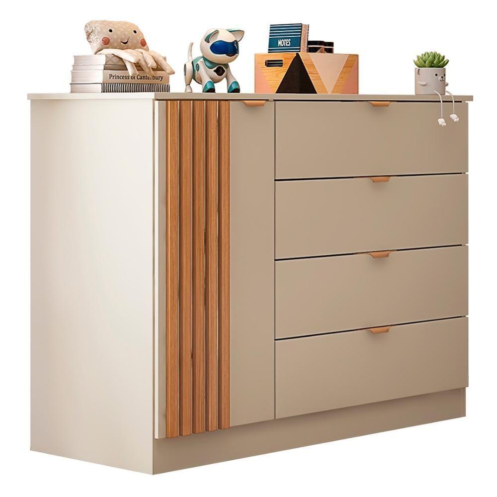 Cômoda Infantil 4 Gavetas Com 1 Porta Ripada Ayla Off White - Phoenix - 1