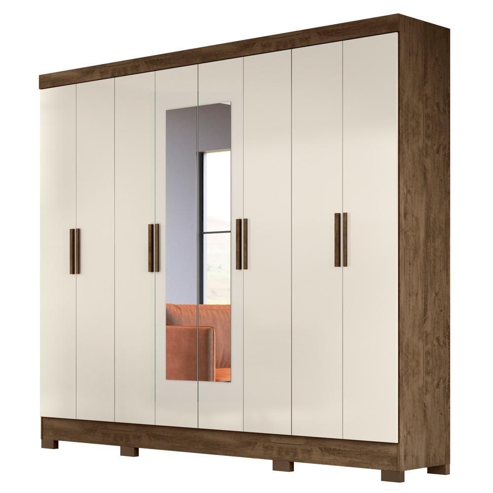 Guarda Roupa Casal Com Espelho 8 Portas 236cm ágata M07 Castanho Wood-off White - Mpozenato - 1