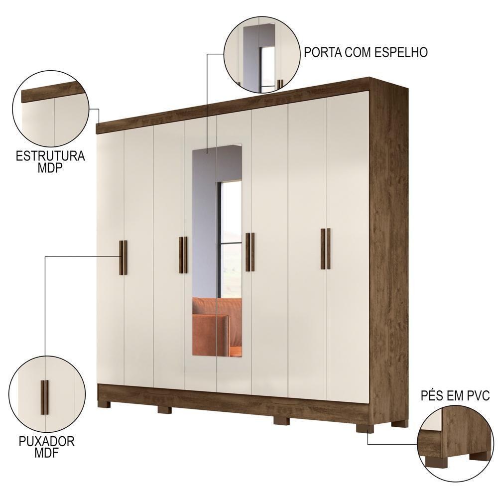 Guarda Roupa Casal Com Espelho 8 Portas 236cm ágata M07 Castanho Wood-off White - Mpozenato - 3