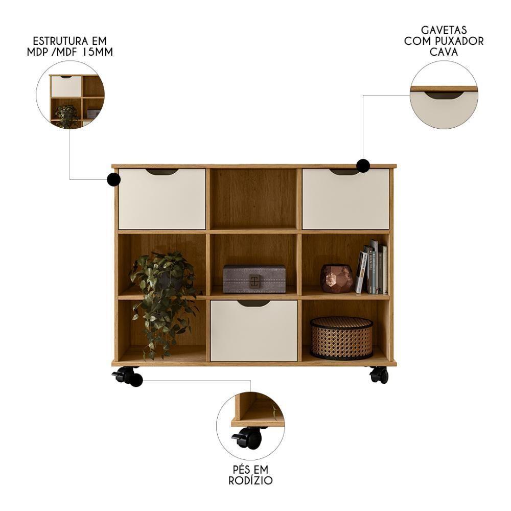 Nicho Organizador 3 Gavetas Com Rodízios Freijó-off White - Qmovi - 3
