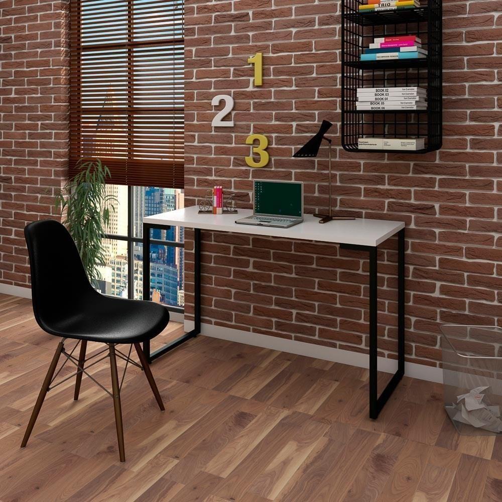 Mesa Escrivaninha Fit 120cm Branco E Cadeira Charles Ft1 Preta - Mpozenato - 2