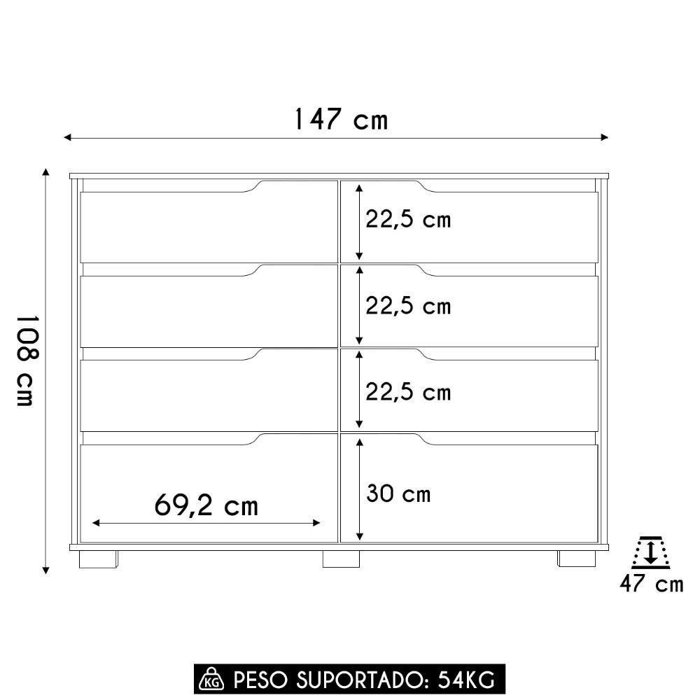 Cômoda Para Quarto 8 Gavetas 147cm Parma M07 Freijó-off White - Mpozenato - 4