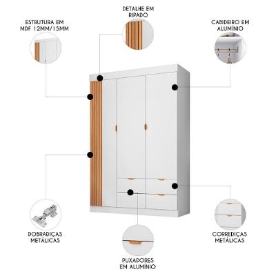 Guarda Roupa Solteiro Infantil Ayla 3 Portas Bater 4 Gavetas Branco MDF Phoenix Baby