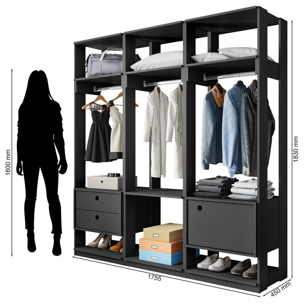 Módulo Guarda Roupa Closet Casal 1 Porta 2 Gavetas Titan Preto Velluto - Móveis Leão - 2