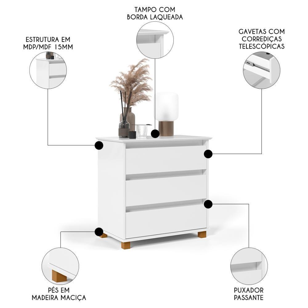 Cômoda Para Quarto 3 Gavetas 68cm Ej Branco - Ej Móveis - 3