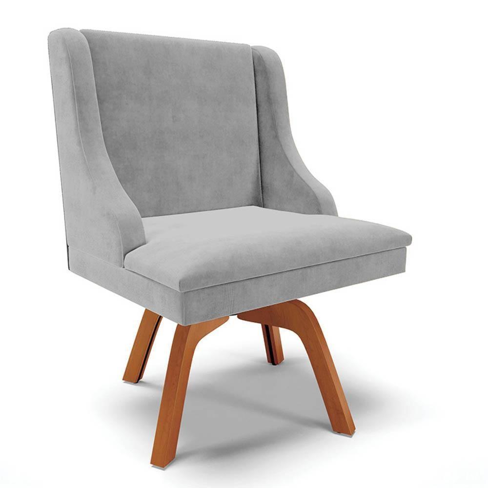 Cadeira Estofada Para Sala De Jantar Base Giratória De Madeira Lia Suede Cinza - Ibiza - 1