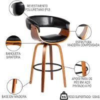 Kit 2 Banquetas Giratória Alta Com Encosto Base Madeira Ravi R02 Sintético Preto - Mpozenato - 3