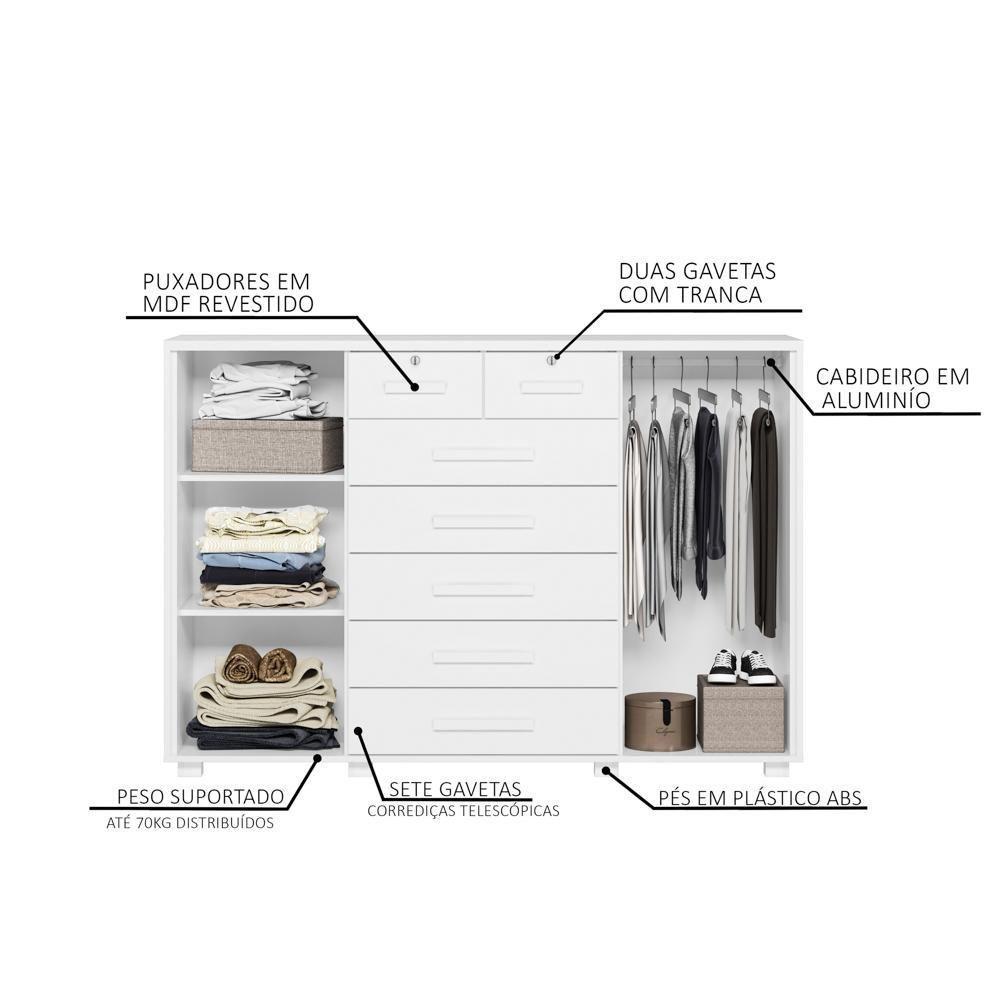 Cômoda Sapateira Para Quarto 160cm 2 Portas 7 Gavetas Fontaine A02 Branco Fosco - Mpozenato - 3